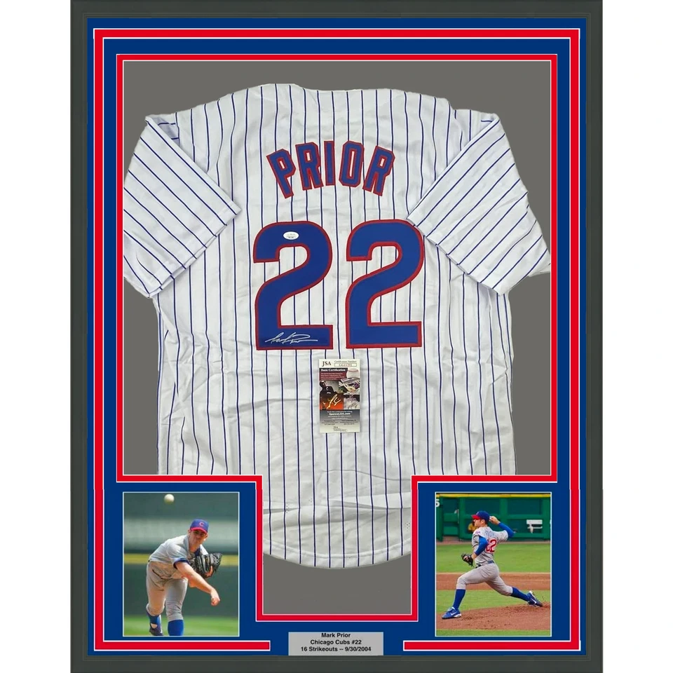 Camiseta deportiva a rayas Mark Prior 33x42 Chicago autografiada/firmada enmarcada certificado de autenticidad JSA Foto 1 de 2