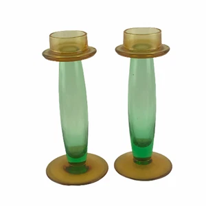 Pair Green Amber Candle Candlestick Holders Mid Century Two Colors Unmarked B7 - Picture 1 of 7