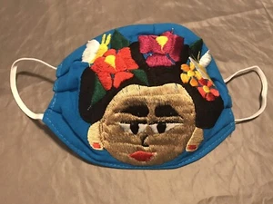 Frida Kahlo Beautifully Embroidered Handmade Teal Mexican Face Mask - Picture 1 of 2