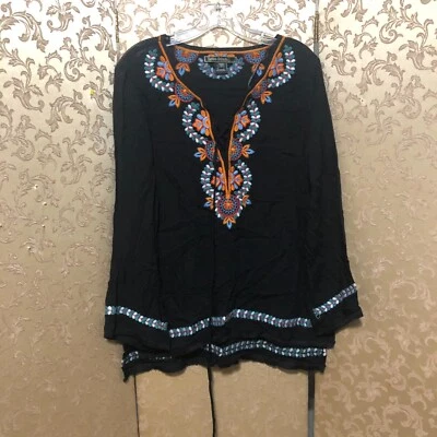 Love Stitch Black Blue Orange Multi-Color Embroidered Tunic Top Size Medium M - Image 1 of 4