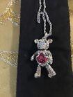 JNina Swarovski teddy bear necklace large pink crystal belly long chain signed