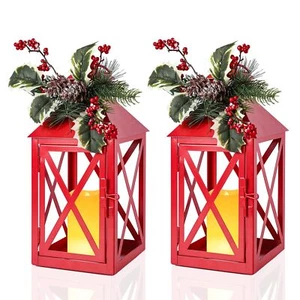 Christmas Lantern Decoration with LED Candle – Red Metal Lantern with Holly B... - Picture 1 of 8