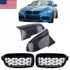Parrilla delantera de fibra de carbono + cubierta de espejo para BMW F30 330i 328i 12-18 - Imagen 1 de 8