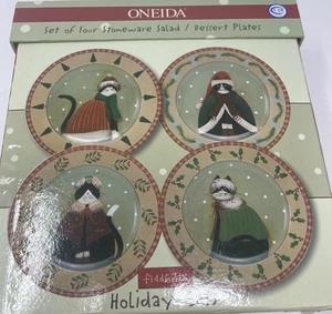 Oneida Salat/Dessertteller Holiday Cats Steingut Weihnachten 4er Set Fiddlestix - Bild 1 von 10