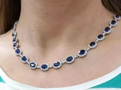 10 CT Oval Lab-Created Blue Sapphire Halo Tennis Necklace 14k White Gold Plated - Image 1 of 4