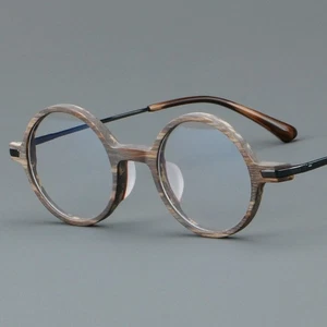 Classic Acetate Eyeglass Frames Women Men Retro Wood Round Glasses 45 22-145mm - Picture 1 of 23
