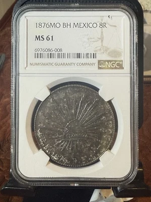 RARE 1876 Mo BH Mexico 8 Reales NGC MS61 Original Toning  - Image 1 of 2