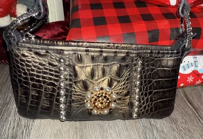 Cartera Bandolera Pequeña Raviani Marrón y Dorado Croc Cuero Repujado Tachuelas y Cristal Foto 1 de 4