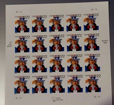 22 Cent... Uncle Sam ...sheet Of 20 New 1998 Stamps - Image 1 of 4