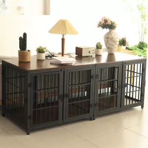 Indestructible Wooden Dog Crate Furniture with Divider for 2 Dogs Cage End Table - Picture 1 of 18