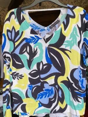 M+S Jumper Linen V-neck Large 14 UK Navy / White / Lemon - Image 1 of 4