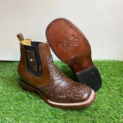 Mujeres Vaquera Western Botín Tocado a Mano Tobillo Punta Cuadrada Boti Vaquera Cincelada Foto 1 de 4
