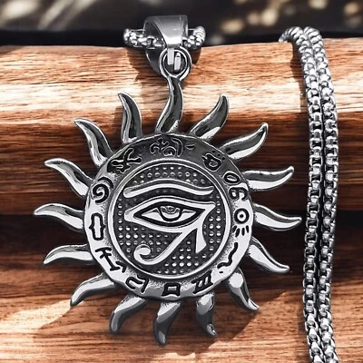 Eye of Ra Sun Necklace Silver 316L Stainless Steel Egyptian God Horus Pendant - Image 1 of 4