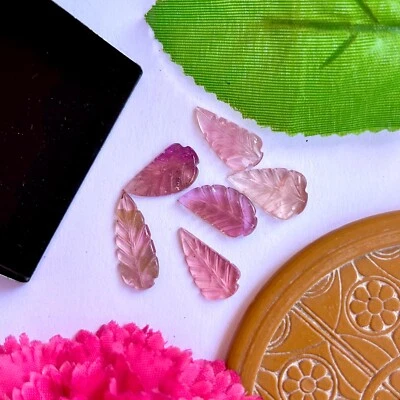 Natural Tourmaline Baby Pink Hand Carving Leaf  6 PCS Loose Cabochon For Jewelry - Image 1 of 4