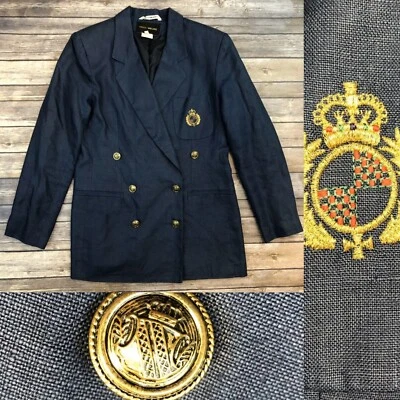Harris Wallace 12 Linen Embroidered Crest Double Breasted Vintage Blazer Jacket - Image 1 of 4