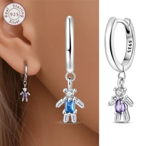 KUNSIR 925 Sterling Silver Blue &Purple CZ Robot Dangle Hoop Earrings For Women - Picture 1 of 6