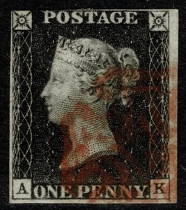 1840 1d Black Pl 8 AK Near 4m STATE ONE Red MX Clear Profile VFU Cat. £525.00 - Picture 1 of 1