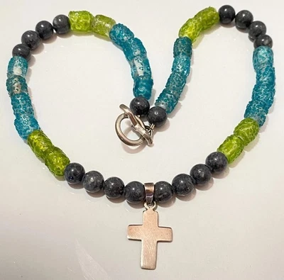 Collar vintage GSN 925 plata esterlina cruz jaspe y cuentas de vidrio artístico Foto 1 de 4