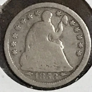 EE. UU. Flechas de media moneda de diez centavos sentadas buenas 1853 - Imagen 1 de 2