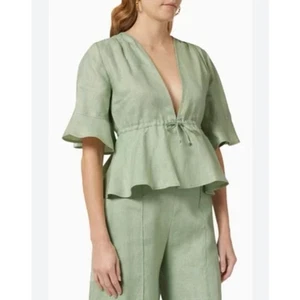 NEW Matthew Bruch Size S Small V Neck Flutter Sleeve Top Sage Green Linen - Picture 1 of 5