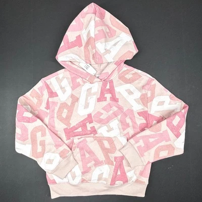 GAP Niños Allover Logo Pullover Sudadera con Capucha Rosa Niñas Grande (10) Bolsillo Nuevo con Etiquetas Foto 1 de 4