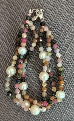 LUC 925  3 Strand Bracelet Tourmaline Pearl Sterling Silver Natural Gemstones  - Image 1 of 4