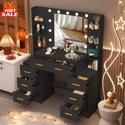 Juego de tocador escritorio con espejo grande con 11 luces LED y 7 cajones para regalos de Navidad Foto 1 de 4