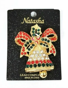 NEW NATASHA GOLD METAL TONE X-MAS BELL BOW,GREEN,RED CRYSTALS CHEST PIN BROOCH - Picture 1 of 2