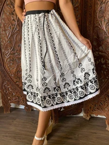 Boho Hippy Gypsy Midi Skirt Cotton Printed Flare Black White Flowy Long Skirts 
