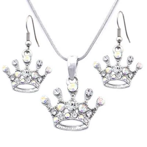 Princess Queen Tiara Crown Charm Earrings Necklace Pendant Set Jewelry s134 - Picture 1 of 1