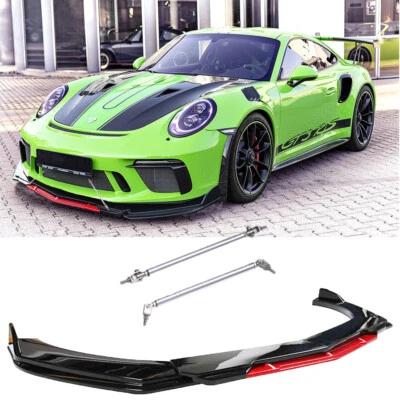 Car Front Bumper Lip Splitter Black&Red + Strut Rods For Porsche 911 /Carrera GT - Image 1 of 4