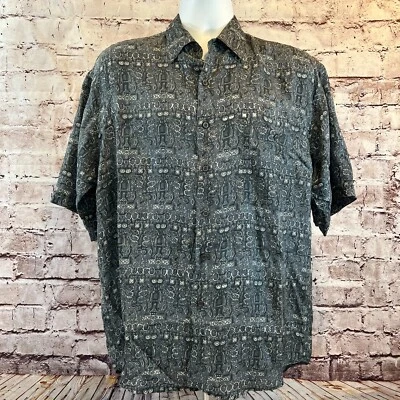 Bruno Mens Gray Tribal Print Short Sleeve Lightweight Silk Button Up Shirt Large - Image 1 of 4