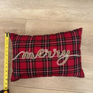Pier One Imports Accent Pillow Christmas Red Plaid Beaded Merry Holiday - Picture 1 of 8