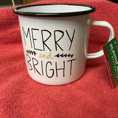 NUEVA Taza/Taza de Café de Navidad Feliz y Brillante Granja Esmalte Blanco y Negro Foto 1 de 3