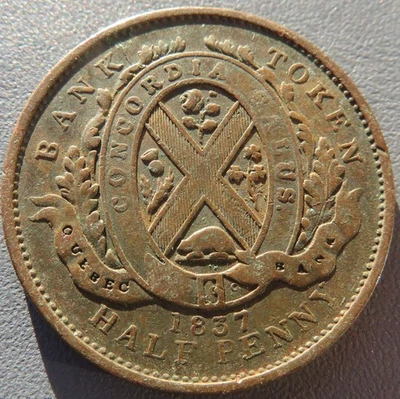 1837 Canada Bank Token Half Penny Un Sou Province Du Bas with free shipping - Image 1 of 2