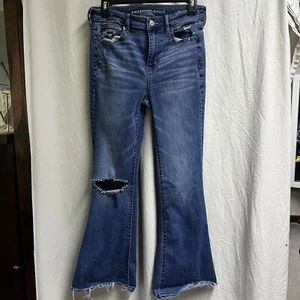 American Eagle elasticizzato super hi rise svasato donna taglia 4S blu invecchiato grunge - Foto 1 di 10