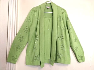 Quacker Factory Womens Cardigan Sweater XL Green Snowflake Sequin Long Sleeve - Picture 1 of 6