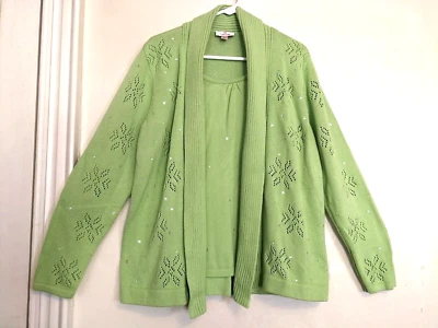 Quacker Factory Womens Cardigan Sweater XL Green Snowflake Sequin Long Sleeve - Image 1 of 4