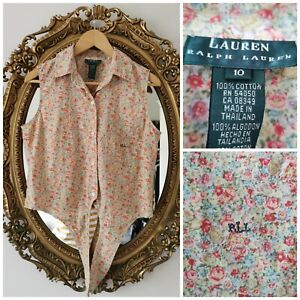 RALPH LAUREN Vintage Cropped Top Shirt UK 14 US 10 Floral 90s Cotton Cottagecore