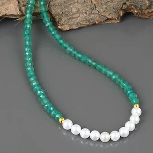 Natural 1 Hilos Pearl & Verde Onix Redondo Gema 18" Collar de Cuentas Joyería - Imagen 1 de 5
