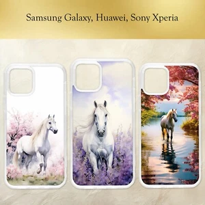 White Horse Art Watercolour Floral Blossom Cute Phone Case Samsung Galaxy - Picture 1 of 4