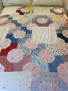 Vtg Handmade Patchwork Bow Tie Quilt Tied 64x80 Cottage Farmhouse Shabby 1930’s - Picture 1 of 24