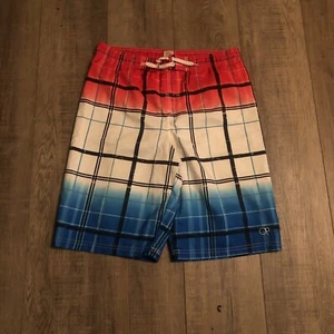 OP ocean pacific boys board shorts XL red white blue plaid swim trunks - Picture 1 of 5