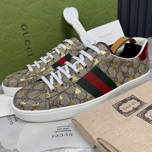NUEVAS Tenis Gucci ACE GG Bees Supreme de Lona Cuero Beige 12 G 12.5 EE. UU. 46 EUR - Imagen 1 de 12