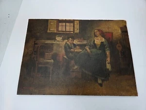 Antique Oil painting on wood interior with woman and boy child signed Verner - Picture 1 of 4
