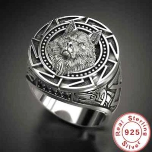Anillo De Plata De Ley 925 Para Hombre Anillo De De Lobo Guerrero Para Hombre - Foto 1 di 6