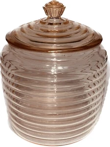 Antique Depression Glass Pink Ribbed Cookie Jar/Biscuit Bowl - Beehive 8” X 5” - Picture 1 of 14