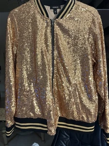 NEU TORRID Gold Pailletten durchgehender Reißverschluss Bomberjacke Taschen Damen 0/Large/12 - Bild 1 von 8