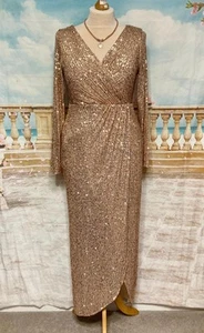 NEW Dress 16 Gold Sequin QUIZ Ballgown Wrap Style Long Sleeve Stretch Evening - Picture 1 of 8