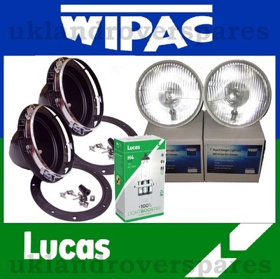 LAND ROVER SERIES HEADLIGHT KIT-2 HALOGEN HEADLIGHTS-2 PLASTIC BOWLS & H4 +100% - Image 1 of 4